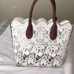 Croc tote bag white lace over clear plastic brown trim used great condition